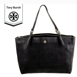 Tory Burch Large Black York Saffiano Leather Tote with Gold-tone Hardware.